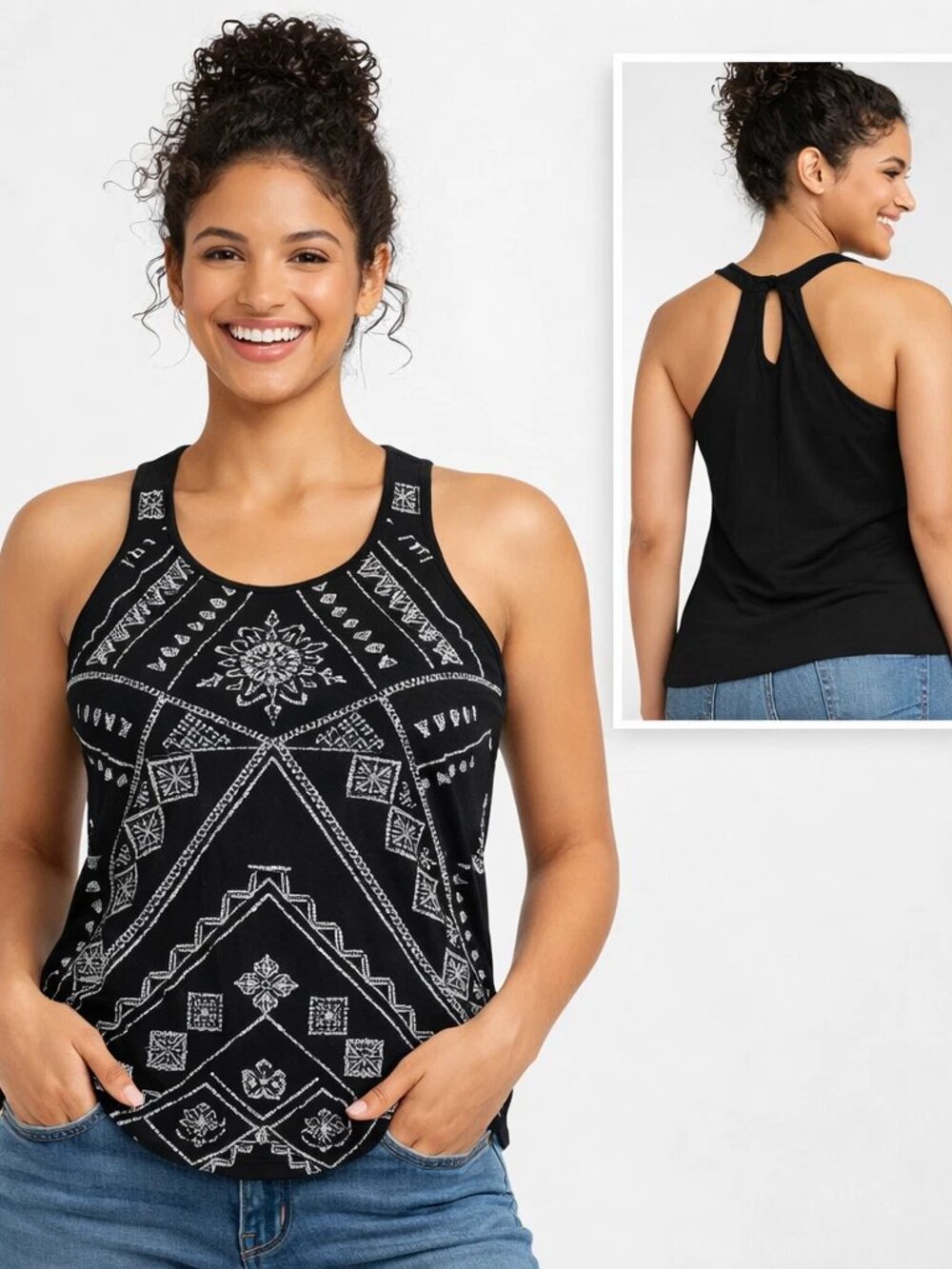 Lucky Brand Black Aztec Embroidered Racerback Tank Top M Boho Festival Southwest